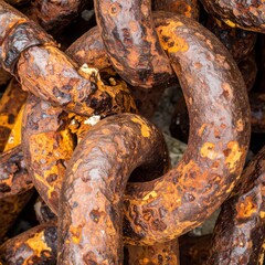 Close Up of Heavily Rusted Brown Metal Chain Links Showing Corrosion and Age