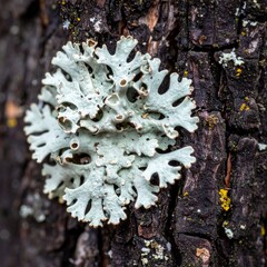 Close Up of White Lichen on Dark Tree Bark with Detailed Surface Texture