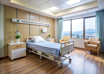 Modern hospital room with adjustable bed and comfortable seating