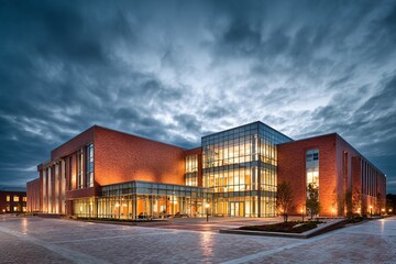 Fototapeta premium Brick and Glass Building at Dusk