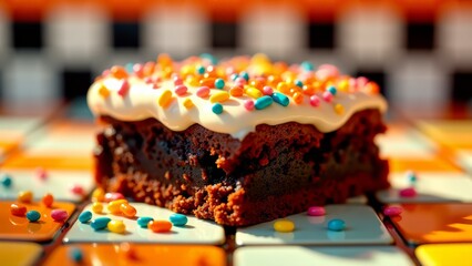 Sprinkled brownie dessert on checkered tile