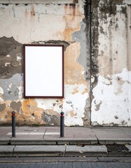 Blank White Poster Frame on Weathered Wall with Gray Sidewalk and Bollards