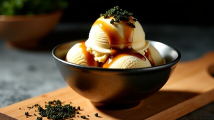 Umami ice cream with miso caramel and seaweed