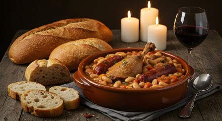 Gastronomic Serenity: A gourmet composition of hearty, aromatic dishes, including the golden glow of warm candles and a subtle pour of fine wine, promising an evening of pure culinary indulgence.