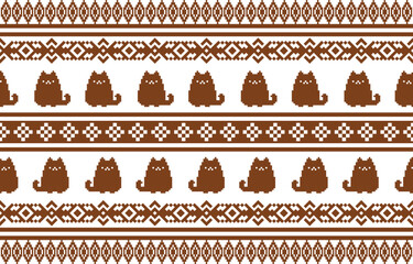 Vector seamless pattern with cat silhouettes and tribal geometric motifs. Monochrome design. Use this pattern for creating pet themed designs, textile prints, packaging, and more. Perfect for cat love