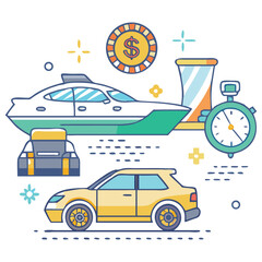 Naklejka premium Aspirational symbols of financial success luxury travel and efficient time management depicted with linear style