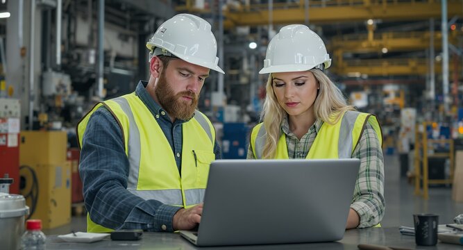 Two factory workers collaborating on a laptop in a warehouse.