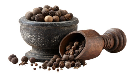 Stone bowl wooden scoop peppercorns spice cooking herbs dark background