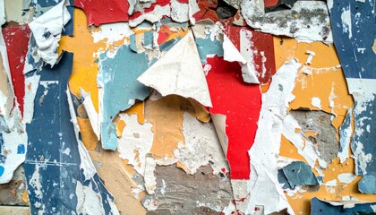 Fototapeta premium Abstract Wall with Peeling Paper Layers in Blue Yellow and Red Intense Textural Detail