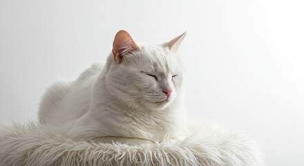 Obraz premium Peaceful White Cat Relaxing on a Fluffy White Surface.