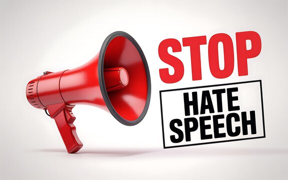 Red megaphone with stop hate speech sign against discrimination and prejudice