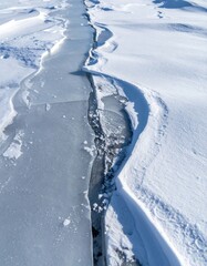 Frozen River Ice Crack in White Snow Texture Background in Winter Season