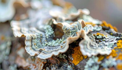 Close Up of Shelf Fungi and Lichen Growing on a Fallen Tree Branch
