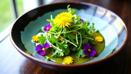 Dandelion greens salad with edible flower petals