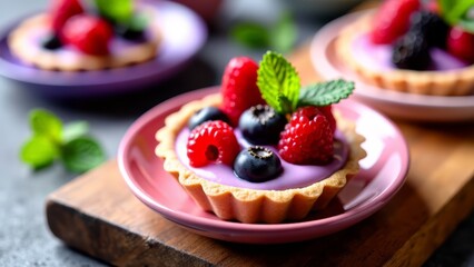 Berry tartlets with pudding and mint garnish