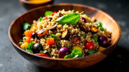 Freekeh salad with roasted vegetables in wooden bowl