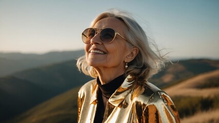 Old Caucasian woman wearing gold fancy summer outfit looking up on clear sky background, smiling while looking at the sky panoramic view