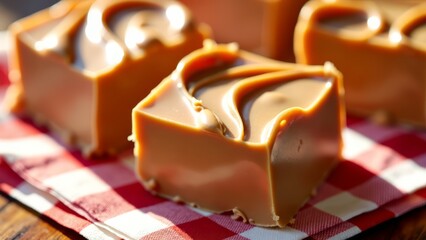 Peanut butter swirl fudge squares on checkered napkin