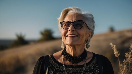 Old American woman wearing black fancy summer outfit looking up on clear sky background, smiling while looking at the sky panoramic view
