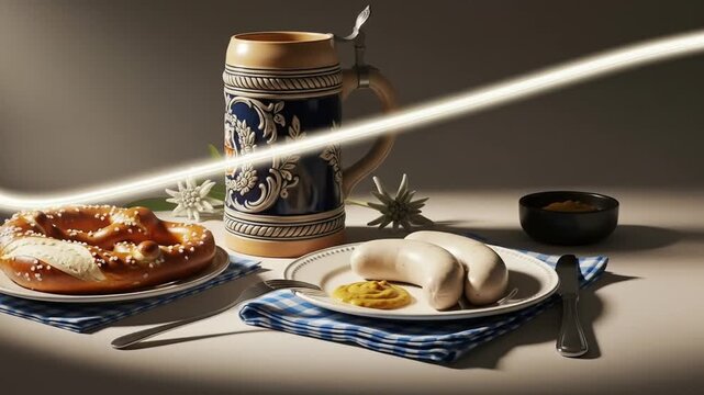 Still life featuring Bavarian white sausages, a pretzel, mustard, and a beer stein on a checkered napkin.
