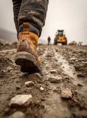Naklejka premium Close-up of work boots walking on a muddy construction path