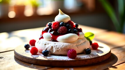 Berry pavlova dessert with meringue nest