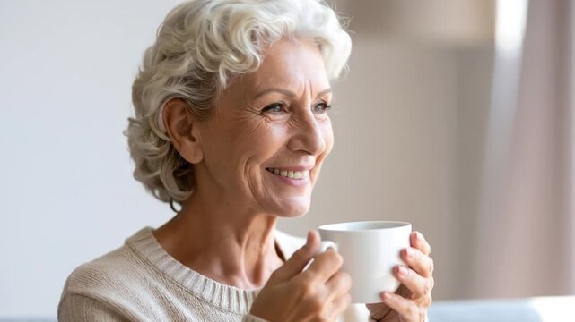 Smiling Senior Woman Enjoying Hot Coffee with Eyes Closed in a Bright Room with Soft Natural Light and Neutral Background