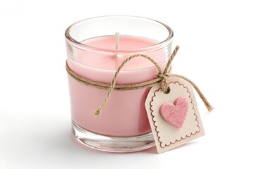 Pink scented candle in glass jar isolated on white background