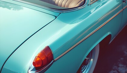 Fototapeta premium A top-down perspective detailing the rear corner of a vintage automobile, featuring teal green paint, a chrome bumper, and visible tire tread.