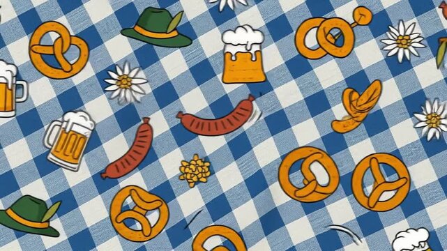 Oktoberfest themed pattern featuring beer steins, pretzels, sausages, hats, and edelweiss flowers on a blue and white checkered background.