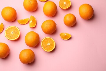 Fresh ripe oranges on pink background, flat lay. Space for text