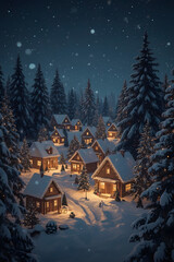 Snowy Christmas Village with Lights at Night
