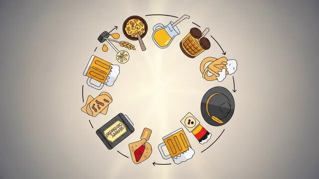 A circular arrangement of cartoon icons for a German beer festival, featuring traditional food, beer, and cultural symbols.