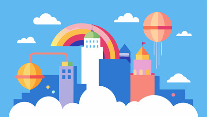 Fototapeta premium City in the Clouds An imaginative depiction of a city where skyscrapers are made of fluffy clouds. Hot air balloons shaped like food items float by and rainbowcolored bridges