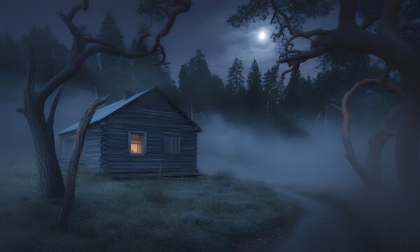 Mysterious Cabin in Foggy Forest at Night - Powered by Adobe
