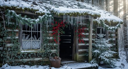 A snowy log cabin adorned with icicles and red flowers in a winter forest setting outdoors scene