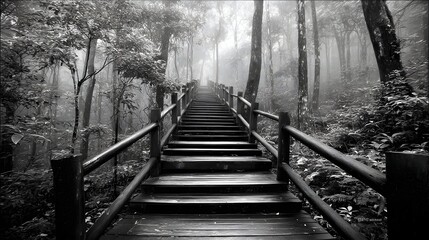 Wooden stairs ascend through a misty forest.