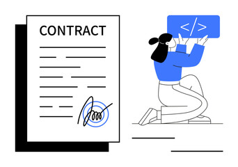 Developer kneeling with a coding panel next to a signed contract document. Ideal for freelancing, programming, agreement, partnerships, startups, collaboration, simple landing page
