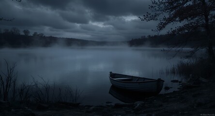 Mysterious Foggy Lake with Rowboat at Dusk
