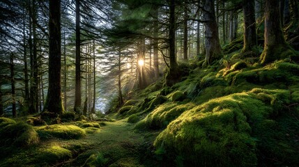 Obraz premium Sunlight streams through a mossy forest.
