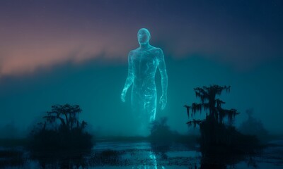Fototapeta premium Mysterious Spectral Figure in a Misty Swamp at Night