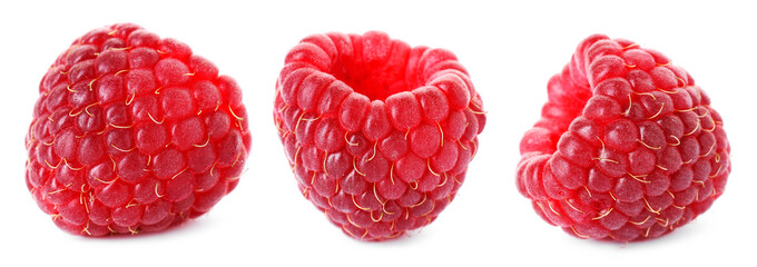 Fresh ripe raspberries isolated on white, set