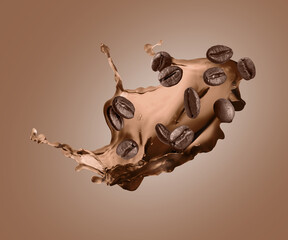 Coffee beans and splash of drink on brown gradient background