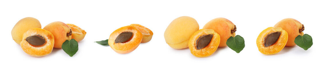 Fresh ripe apricots isolated on white, set