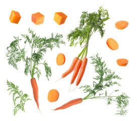 Fresh carrots and green leaves isolated on white, set