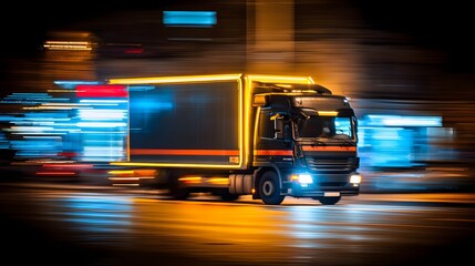Nighttime urban truck in motion, illuminated by city lights.