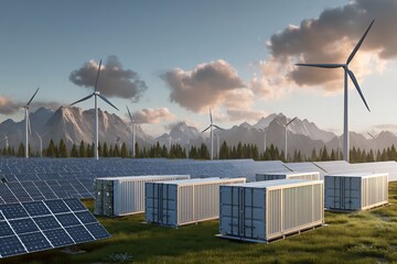 Solar Panel Array, Wind Turbines, and Energy Storage Containers in Mountainous Landscape