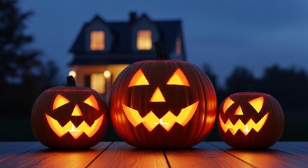 Photo of three glowing jackolanterns sit on a wooden table in front of a house at night during halloween