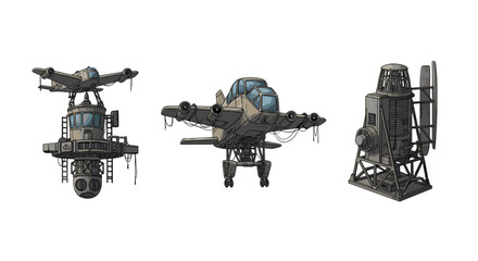 Fototapeta premium Futuristic aircraft collection, various designs against a white background.