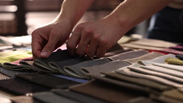 Man choosing fabric among different samples indoors, closeup